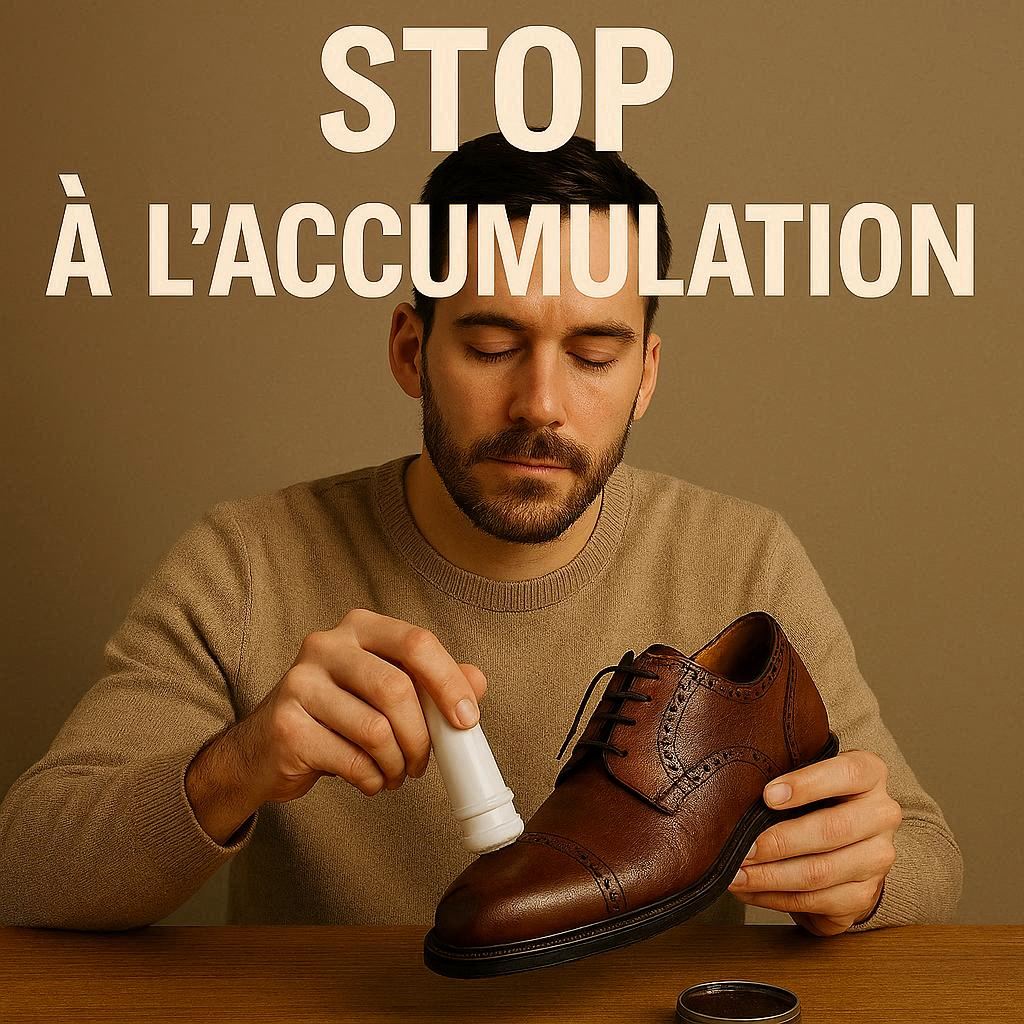 Homme appliquant trop de produits sur une chaussure en cuir