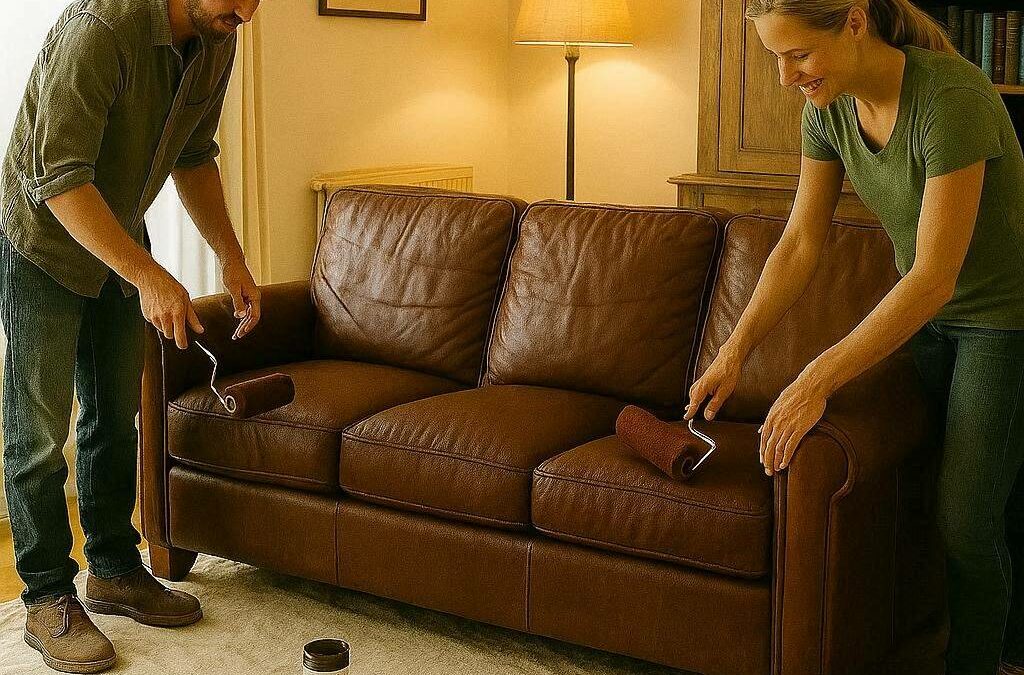 Un couple rénovant un canapé en cuir avec les produits coloreenov