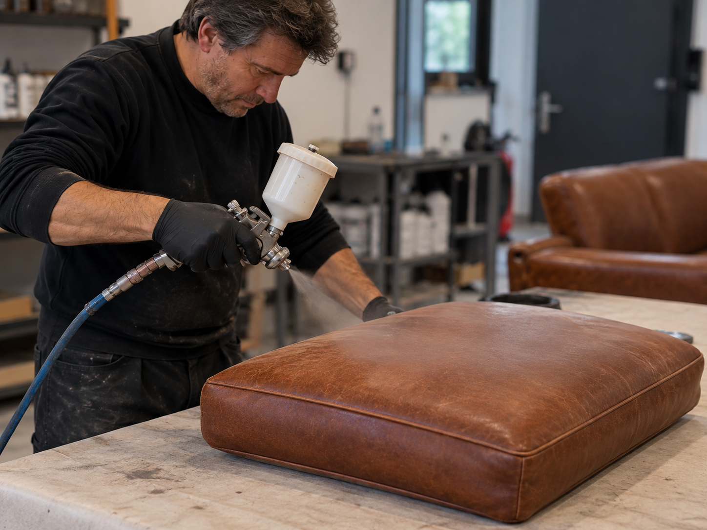 Artisan recolorant un coussin en cuir au pistolet