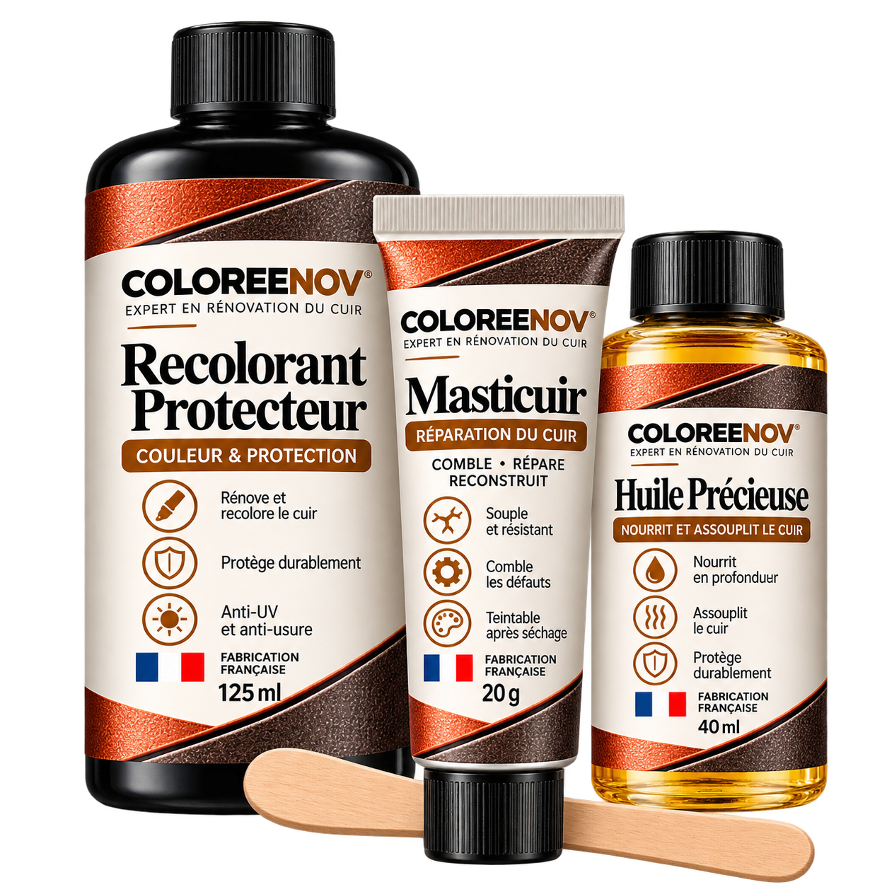 Kit Masticuir Coloreenov : mastic coloré, recolorant, huile précieuse et spatule