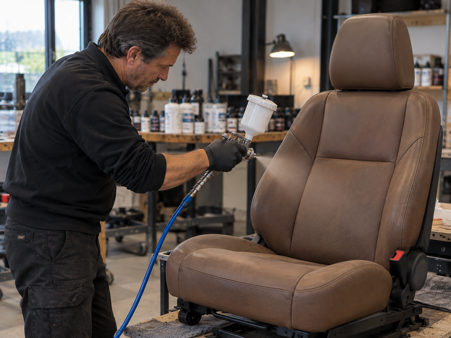 Recoloration d'un siège automobile en cuir au pistolet